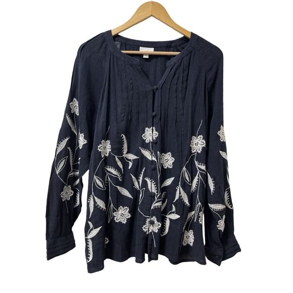 J Jill Womens Embroidered Floral Lightweight Button Up Blouse Size M Navy Boho - Picture 1 of 7
